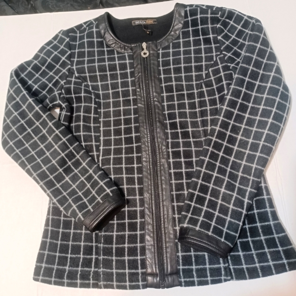 DKR & Co. Apparel Black and White Blazer with Windowpane Pattern & Leather Trim
